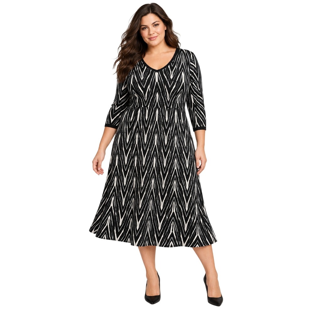 Lane Bryant 14/16 Plus Size Black White Geometric Knit Fit Flare Midi Dress NWT